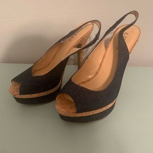 Guess Open Toe Cork and Denim Heels Size 6.5